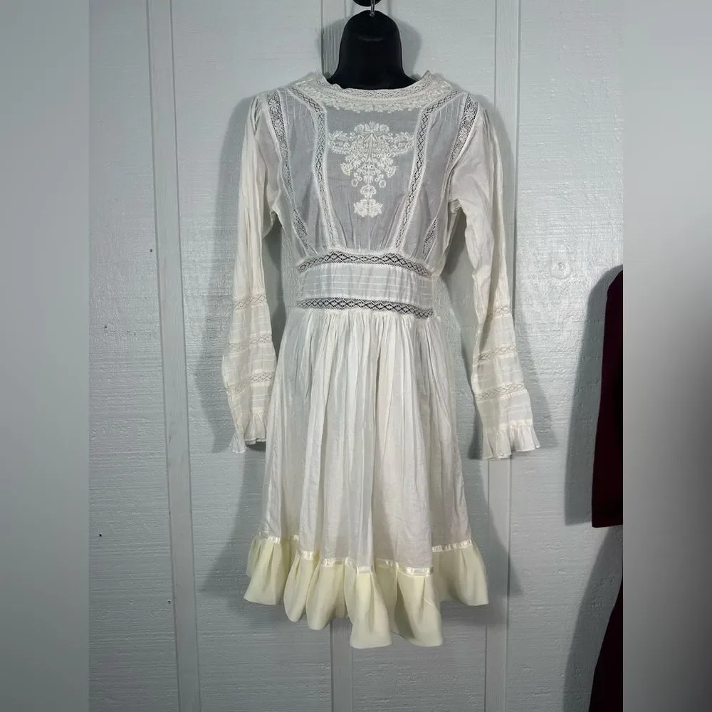 Free People White Victorian Waisted Mini Dress Ivory No Size EUC